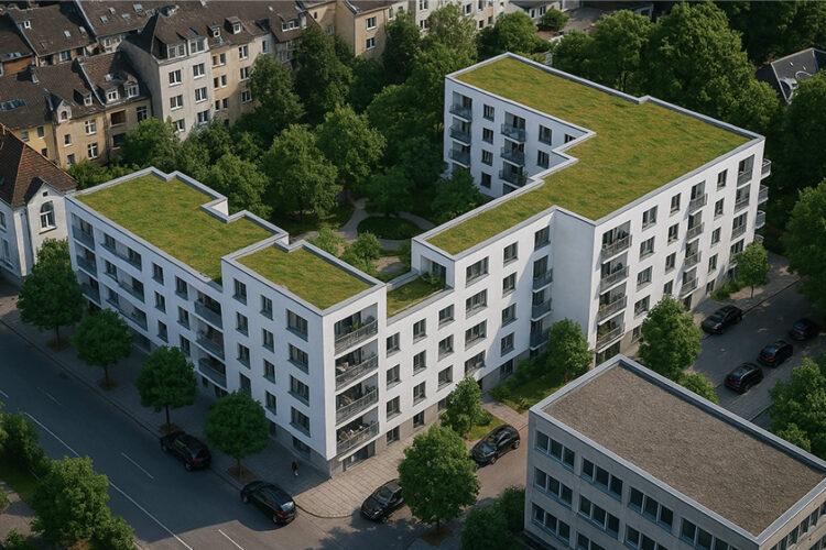 Wohngebäude mit großflächigem begrünten Retentionsdach von oben