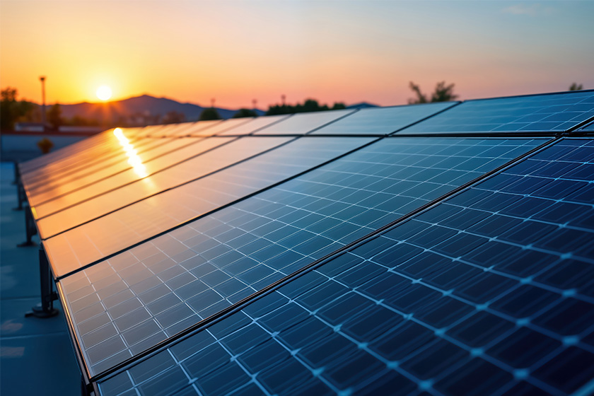 Photovoltaikanlage auf einem Flachdach bei Sonnenuntergang
